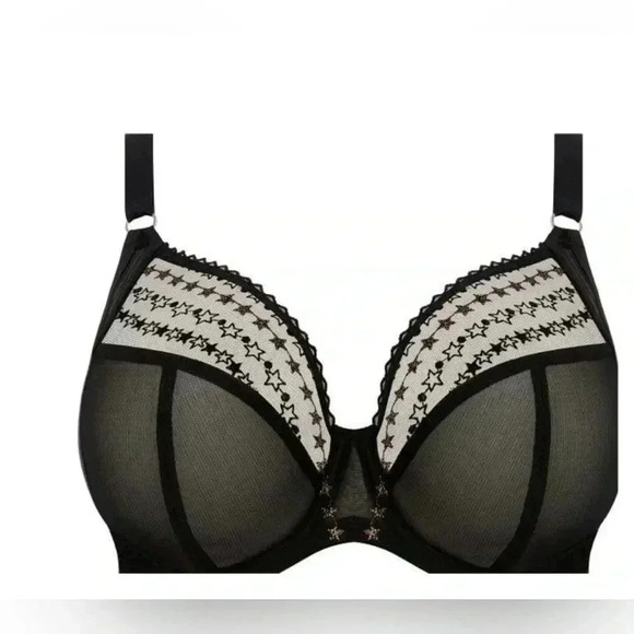 COPY - Elomi Black Mesh Plunge Underwire Bra + Star Trim | US 32J UK32GG - Picture 1 of 10
